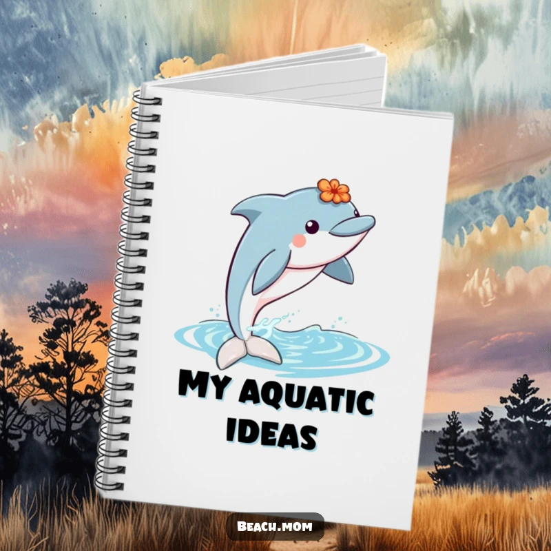 Funny dolphin wearing a lei, jumping out of water, perfect for a humorous and inspiring notebook for jotting down ideas.