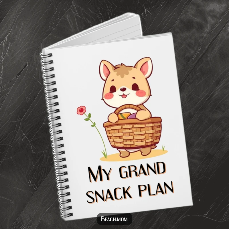 Funny excited animal character packing a picnic basket, symbolizing preparation and anticipation, great for a creative notebook.