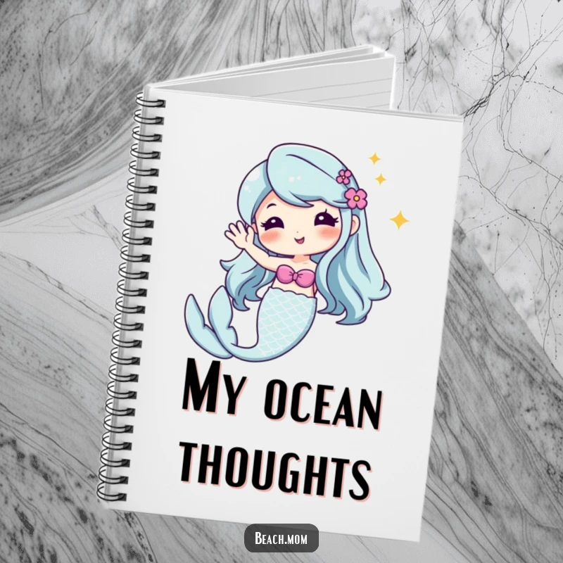 Funny Kawaii mermaid notebook, cute cartoon character with a sparkly tail, perfect for writing magical ideas.