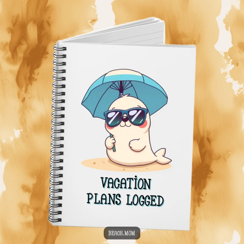 Funny Kawaii seal notebook with a cute seal wearing sunglasses and holding a beach umbrella, perfect for notes.