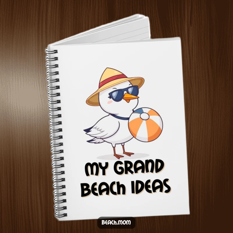 Funny seagull with sun hat and sunglasses, carrying a beach ball, on the cover of a notebook.