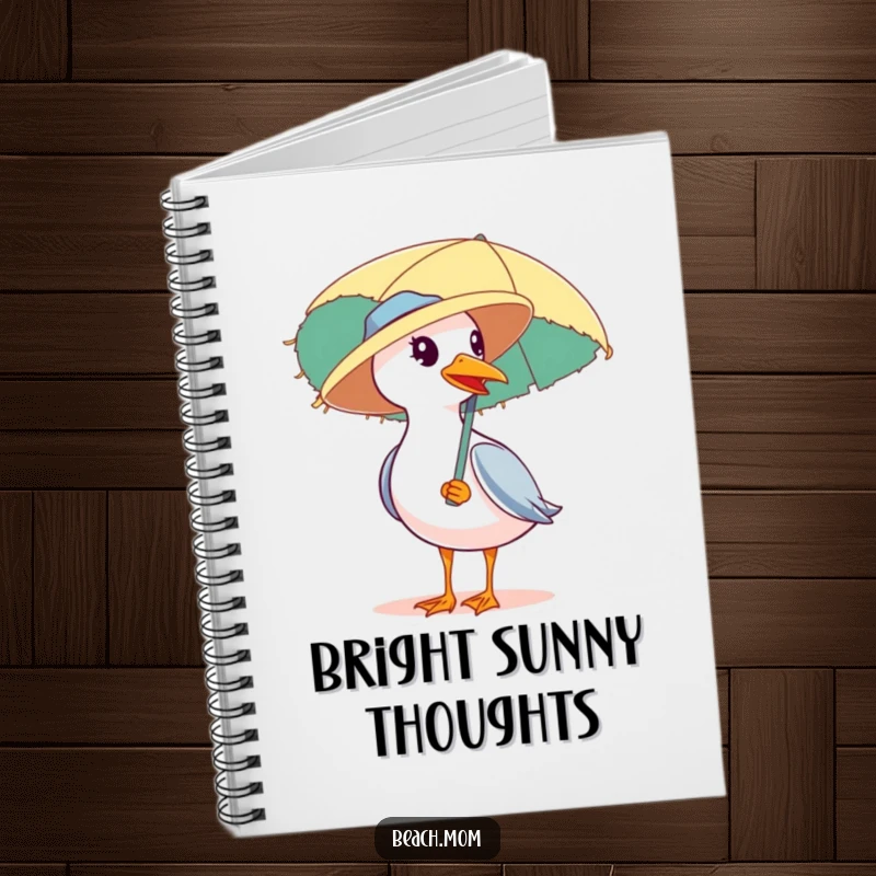 Funny notebook with a seagull wearing a straw hat and carrying a beach umbrella, a humorous design for jotting down notes and plans.