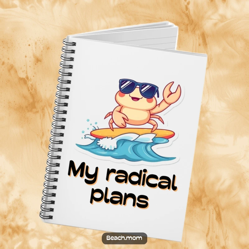 Funny surfing crab notebook with a cool crab in sunglasses, perfect for notes or journaling, a humorous and practical accessory.
