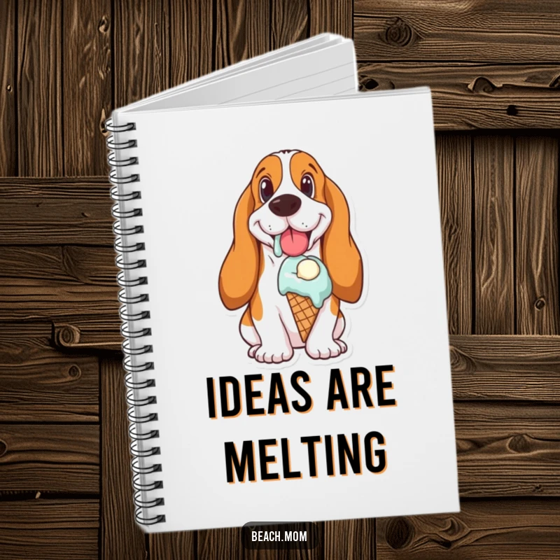 Funny Basset Hound notebook cover featuring a dog enjoying a melting ice cream cone, perfect for jotting down sweet notes.