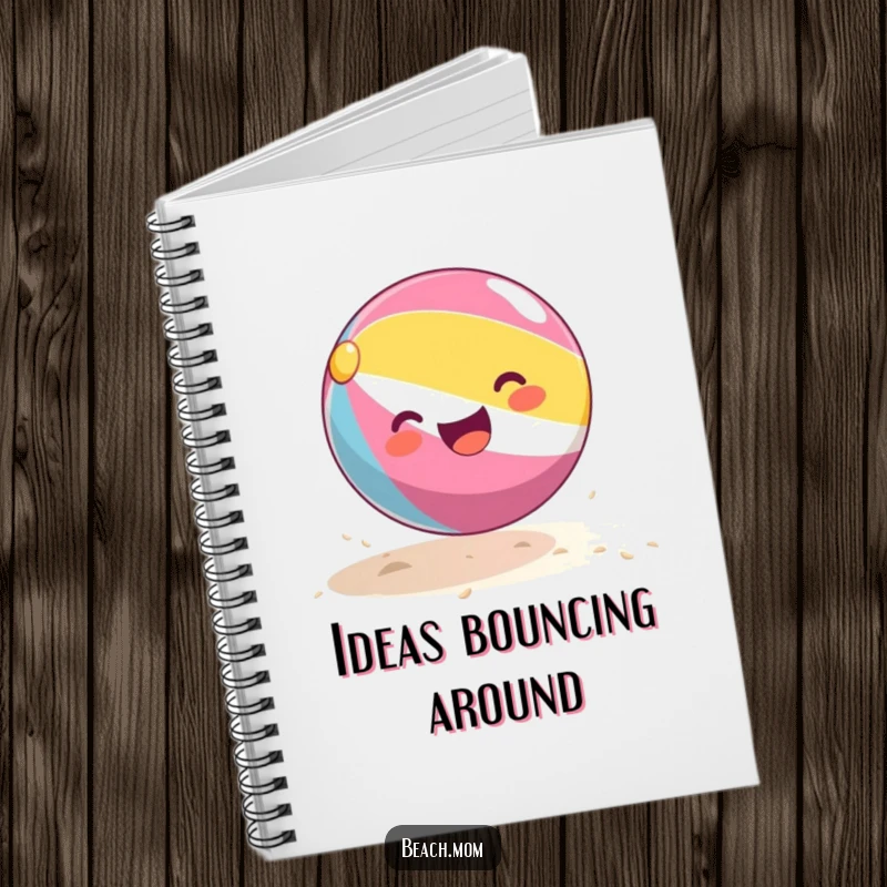 Funny beach ball notebook with a cheerful beach ball illustration bouncing joyfully, ideal for capturing notes and ideas.