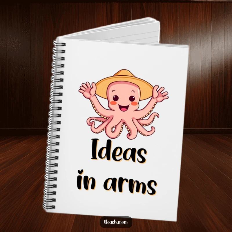 Funny octopus wearing a sun hat waving multiple arms, featured on a notebook cover, encouraging joyful brainstorming.