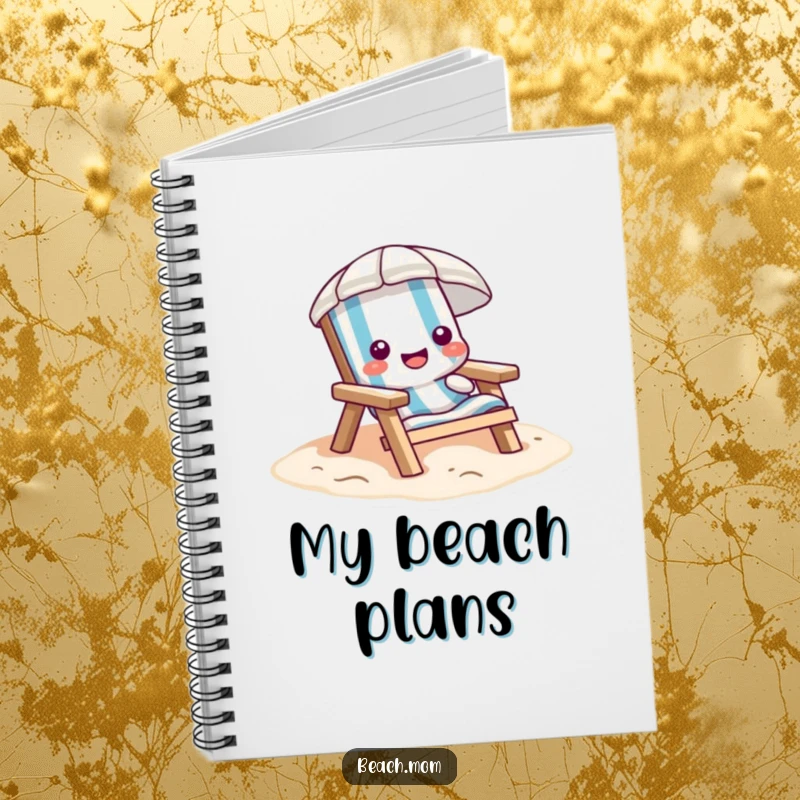 Funny beach chair notebook, cartoon character sinking into sand, perfect for notes and relaxation ideas.