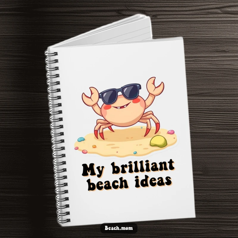 Funny crab notebook with a sunglasses-wearing crab scuttling on colorful sand, perfect for notes and doodles.