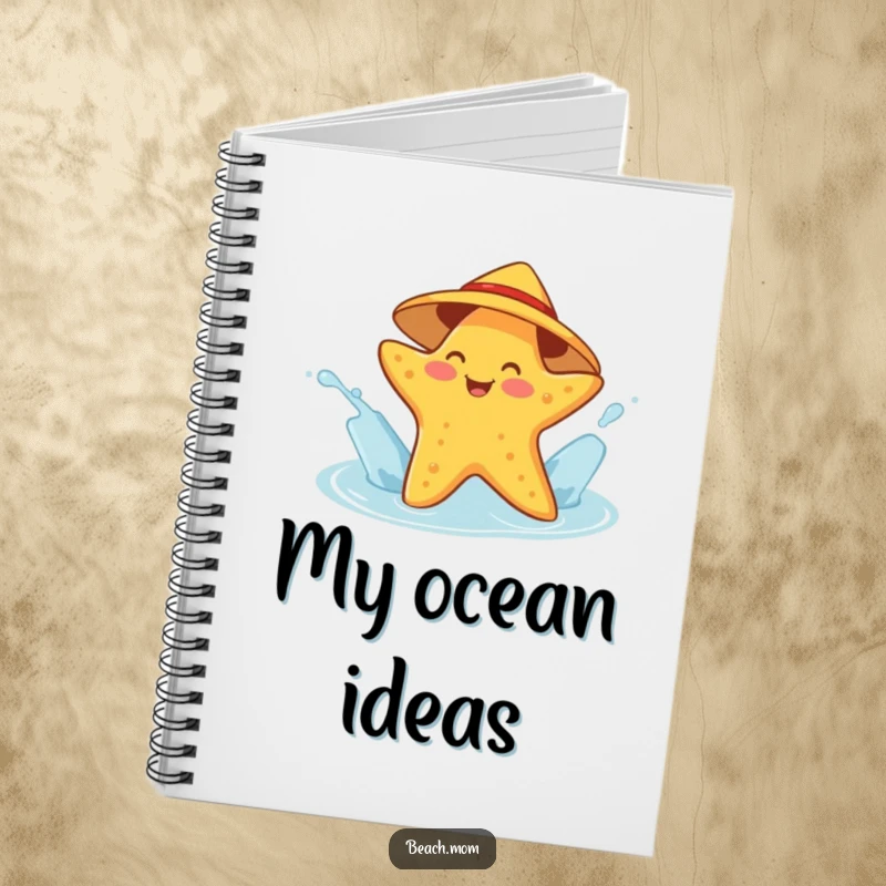 Funny starfish notebook cover featuring a cheerful character in a sunhat splashing water, conveying humorous ocean playfulness for note-taking.