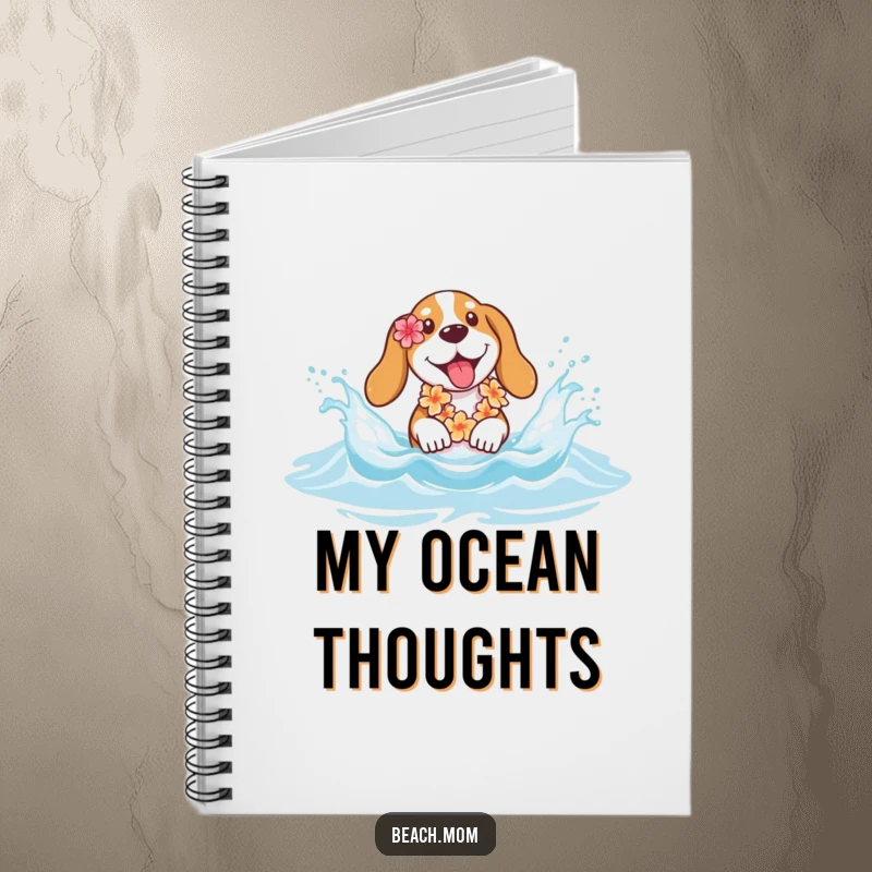 Funny Basset hound notebook featuring a dog with a lei splashing in ocean waves, perfect for jotting down fun thoughts.