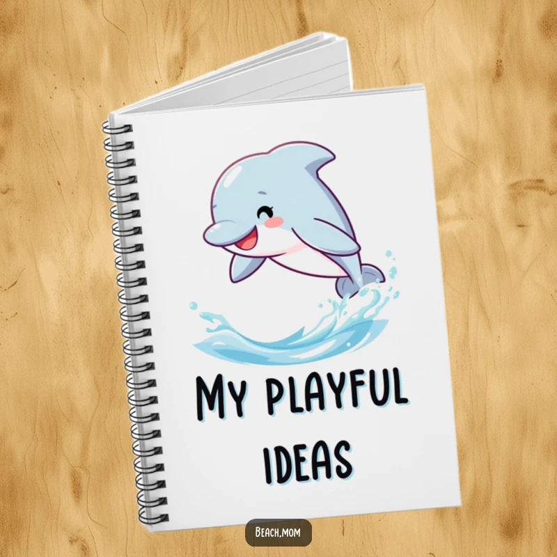 Funny dolphin notebook, cute cartoon character leaping through ocean waves, blank pages for notes and doodles.