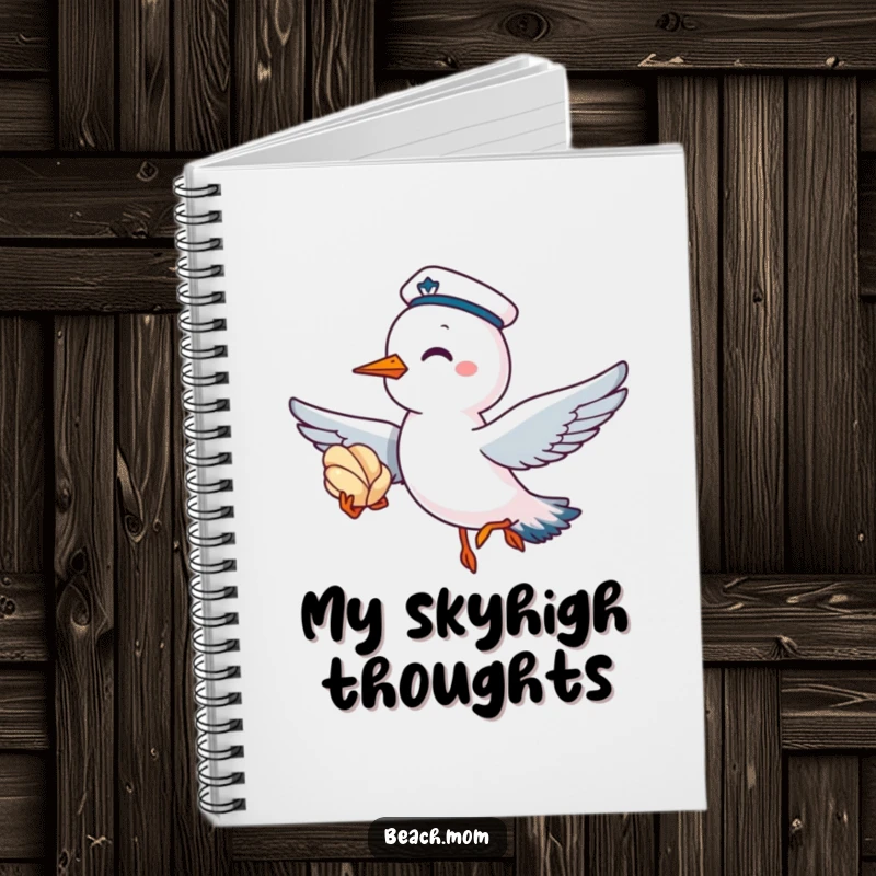 Funny notebook featuring a giggling seagull wearing a sailor cap, flying with a seashell, for notes and doodles.