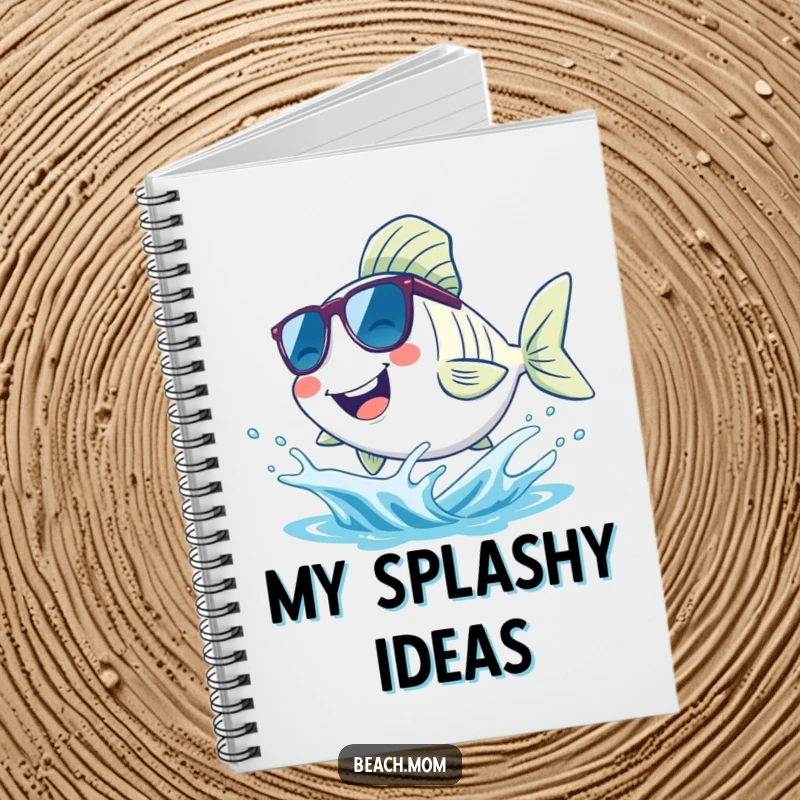 Funny fish notebook, cover art of a smiling fish wearing sunglasses and splashing in a wave, inspiring cool thoughts.