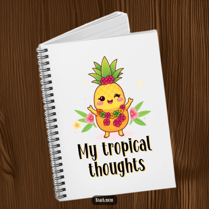 Funny Kawaii pineapple notebook, cute cartoon character in a lei, doing a hula dance, for notes and doodles.