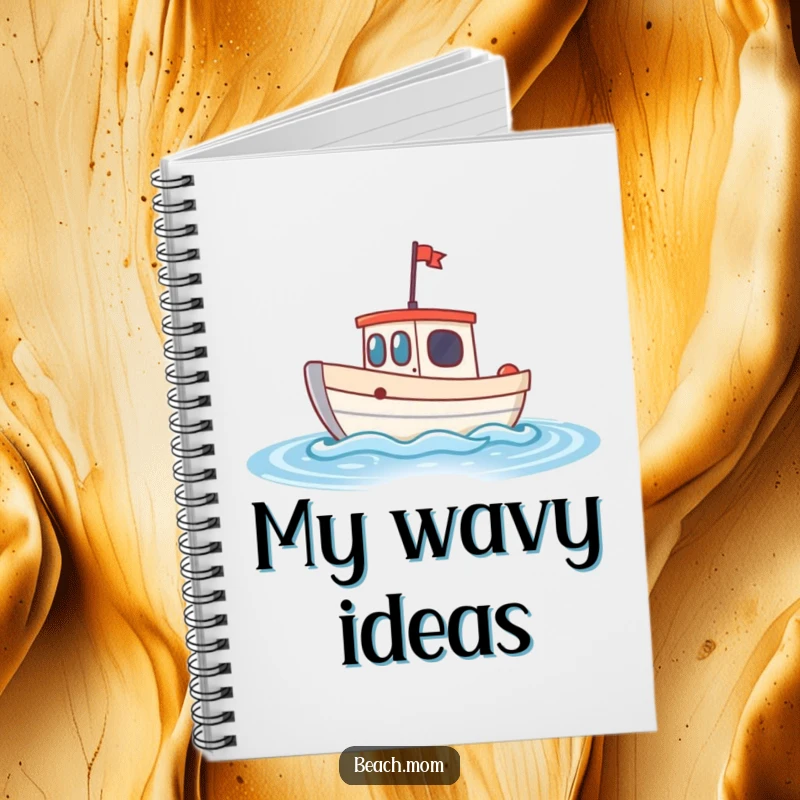 Funny little boat notebook featuring a cheerful boat bobbing on sparkling waves, ideal for jotting down notes with nautical flair.