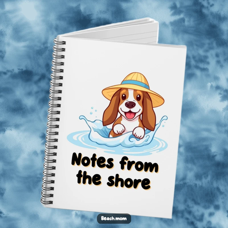 Funny Basset Hound notebook with a joyful dog in a sun hat splashing in a tiny wave, ideal for creative writing and notes.