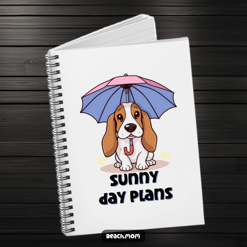 Funny Basset Hound notebook with a dog using a small umbrella for shade, ideal for jotting down sunny thoughts.