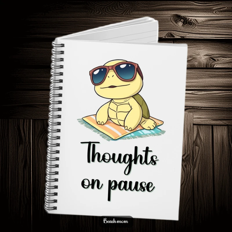 Funny turtle with sunglasses, sunbathing on a towel, featured on a notebook cover, encouraging relaxed note-taking.