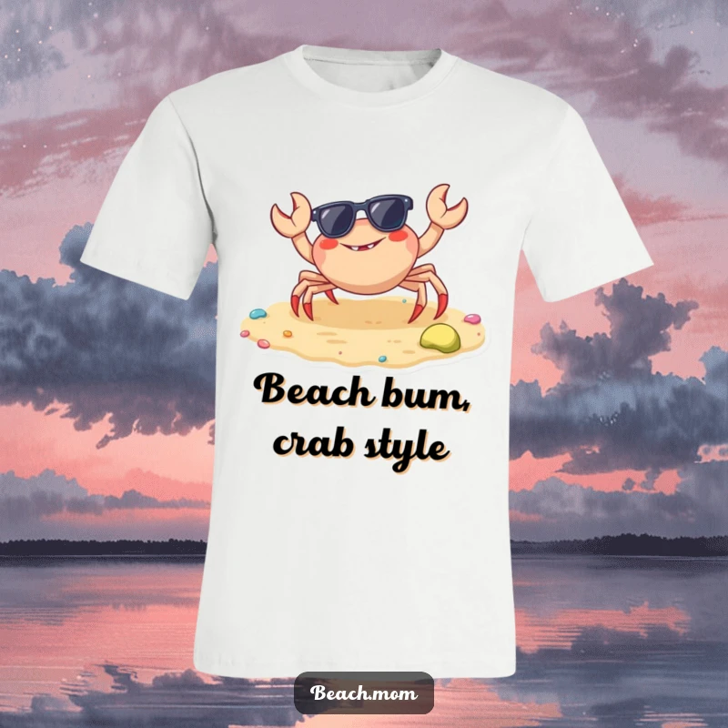 Funny crab t-shirt featuring a sunglasses-wearing crab scuttling joyfully across colorful sand, perfect for beach lovers.