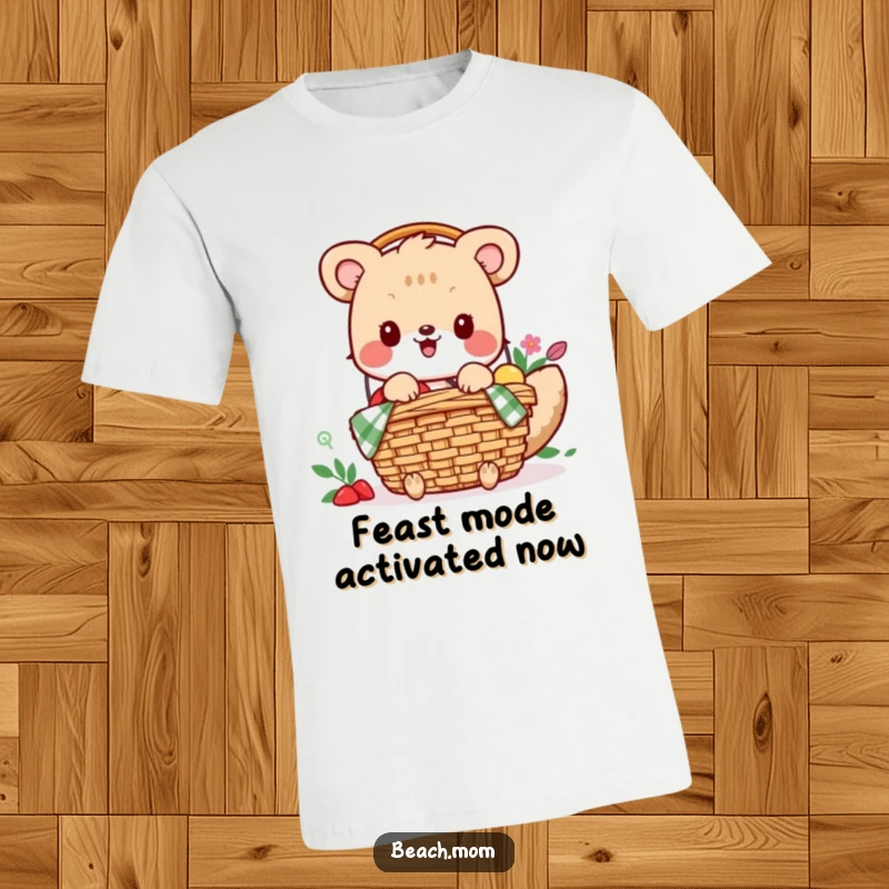 Funny t-shirt: An ecstatic animal character is busy packing a picnic basket, brimming with exciting treats.