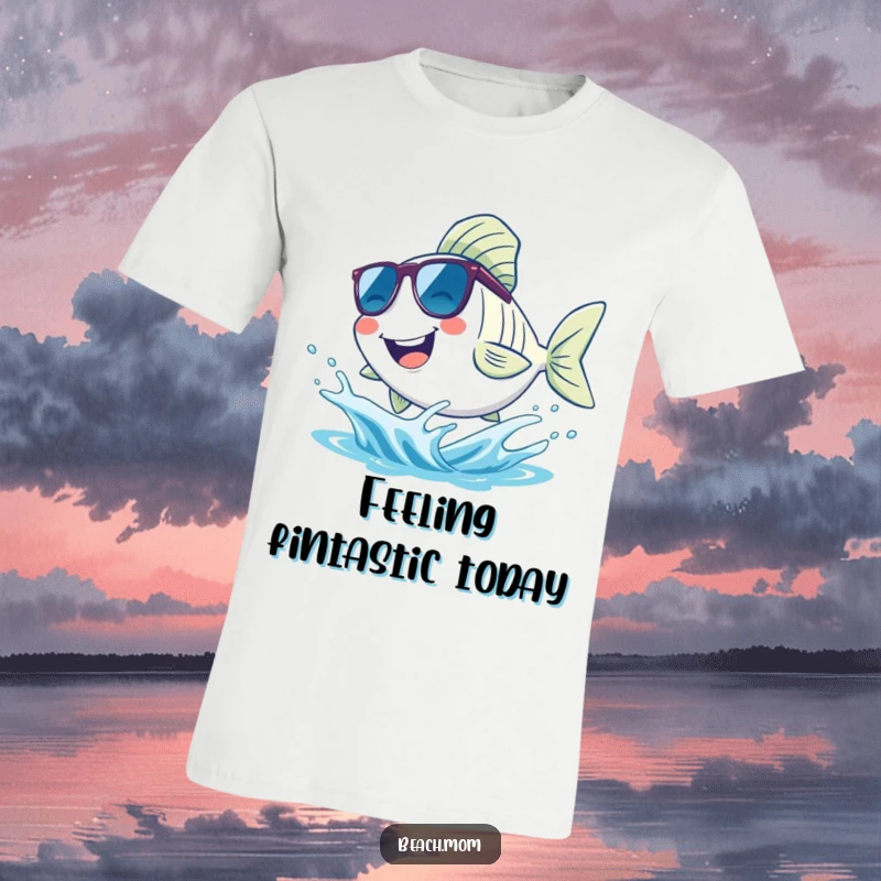 Funny fish t-shirt, depicting a smiling fish wearing sunglasses and splashing joyfully in a small wave, a cool beach design.