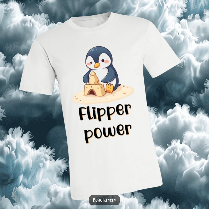 Funny penguin struggling to build a sandcastle with small flippers, printed on a comfortable t-shirt, highlighting its endearing effort.