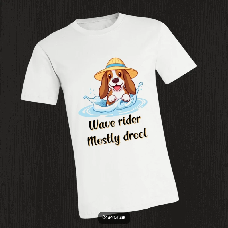 Funny Basset Hound t-shirt featuring a happy dog in a sun hat, joyfully splashing in small ocean waves.