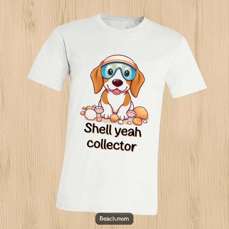 Funny Basset Hound t-shirt with a dog wearing a visor, happily collecting seashells on the shore, embodying beach fun.