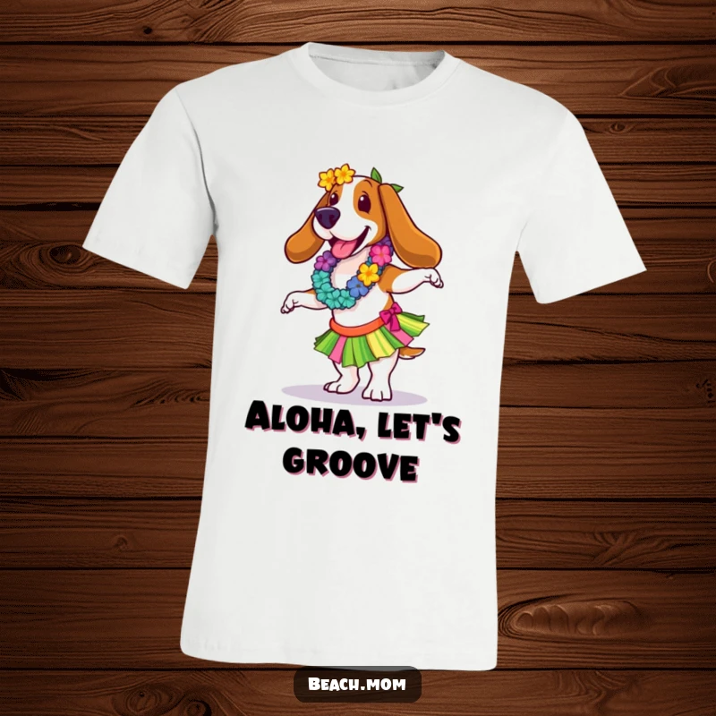 Funny Basset Hound t-shirt dressed in a lei and hula skirt, energetically dancing with pure joy, a tropical party animal.