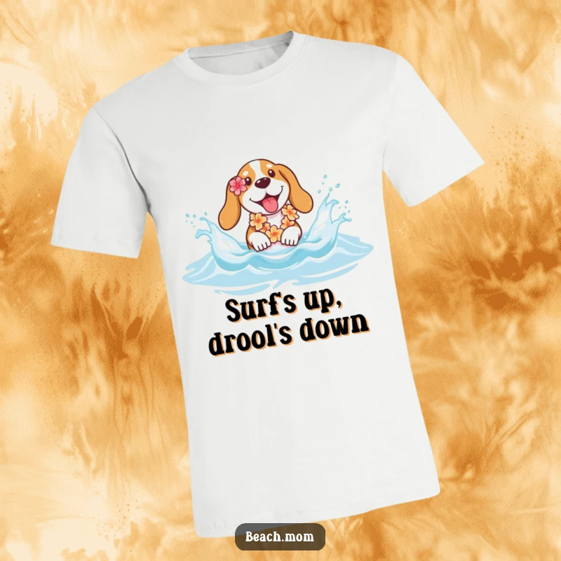 Funny Basset hound t-shirt showing a dog with a flower lei joyfully splashing in the ocean waves, embodying vacation fun.