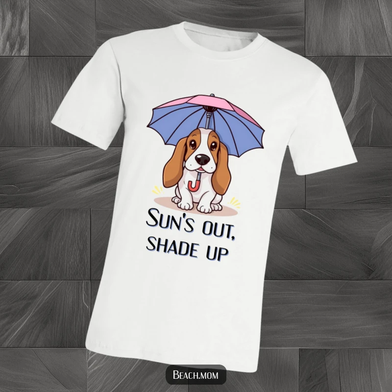 Funny Basset Hound t-shirt depicting a dog using a small umbrella for shade, capturing a funny summer moment.
