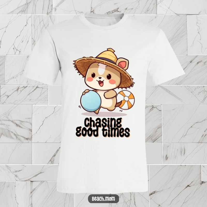 Funny animal character in a straw hat chasing a beach ball, printed on a t-shirt, a humorous depiction of summer leisure.