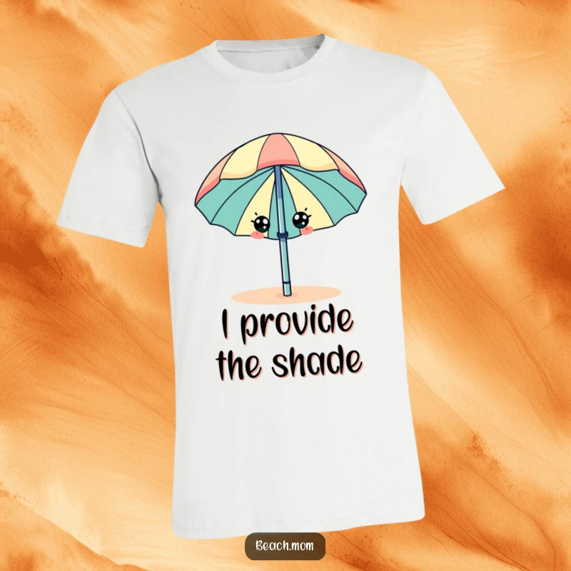 Funny beach umbrella character with eyes, wiggling happily, printed on a summer t-shirt.