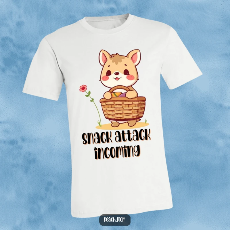Funny excited animal character packing a brimming picnic basket, symbolizing readiness for outdoor dining and joyous escapades, great for a t-shirt.