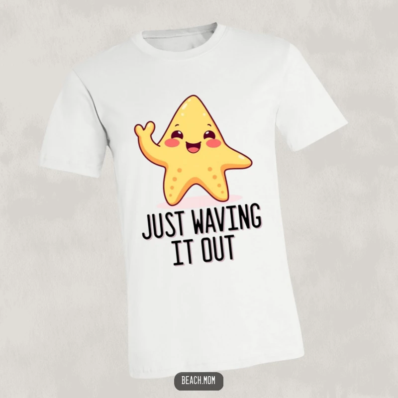 Funny happy starfish t-shirt with a character waving a tentacle, perfect for beach trips and summer fun, a humorous gift.