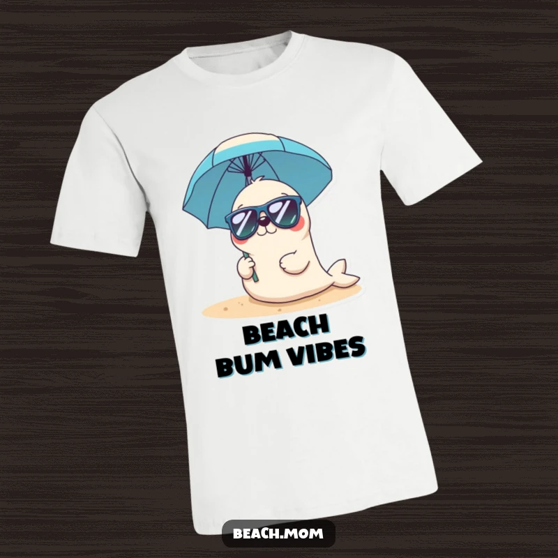 Funny Kawaii seal t-shirt with a cute seal character in sunglasses holding a beach umbrella, exuding chill beach vibes.