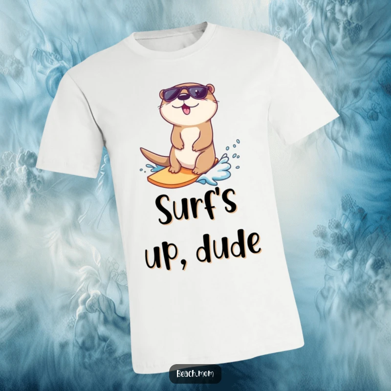 Funny otter t-shirt, a cool otter wearing sunglasses, joyfully surfing a small wave towards the beach.