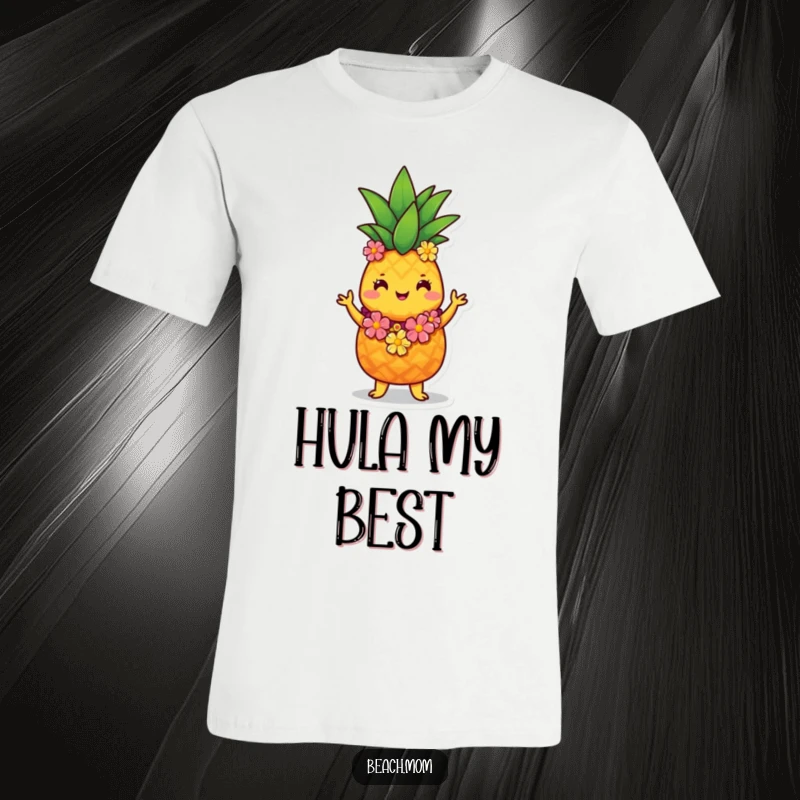 Funny pineapple t-shirt featuring a cute pineapple character wearing a lei and doing a lively hula dance, perfect for tropical fun.