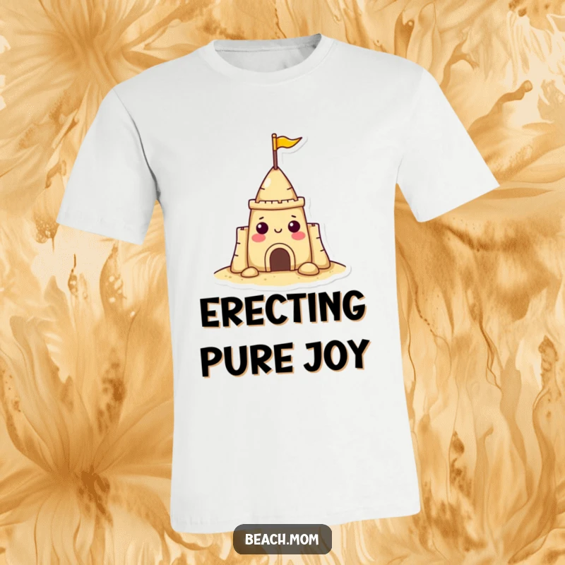 Funny sandcastle character t-shirt with a tiny flag, radiating cheerfulness and beach vibes, ideal for sunny days.