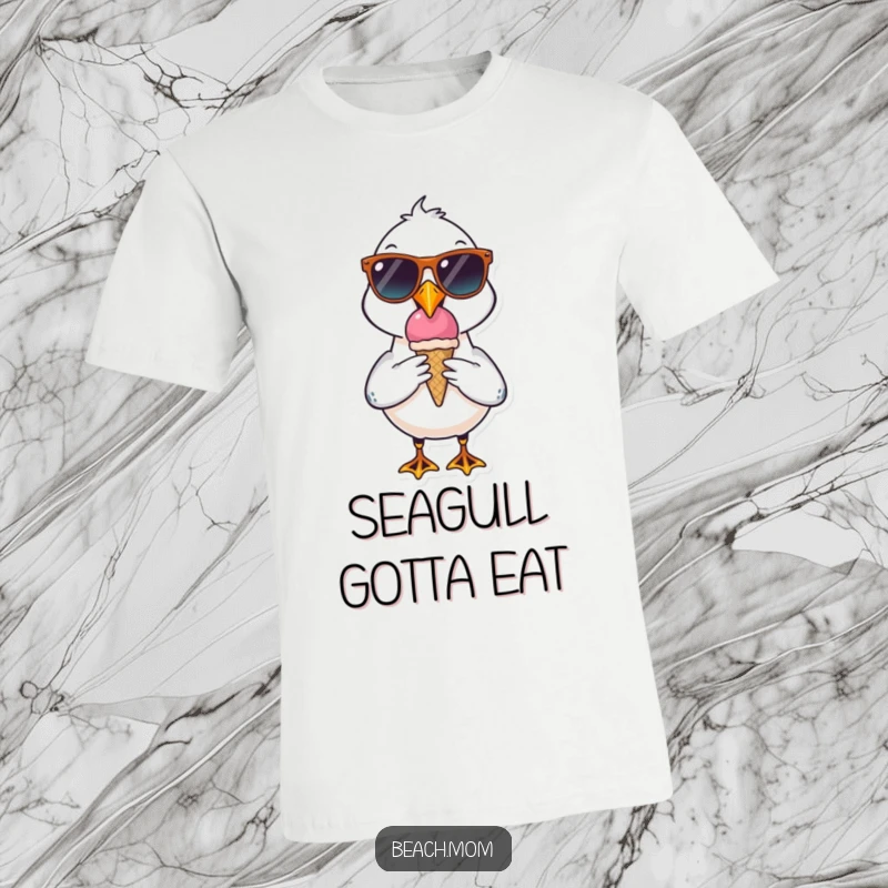 Funny seagull t-shirt wearing cool sunglasses, enjoying an ice cream cone, embodying ultimate beach chill, a great gift.