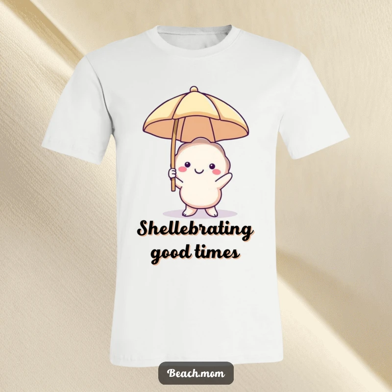 Funny smiling seashell t-shirt with a character holding a beach umbrella, perfect for beach vacations and summer fun, a humorous gift.