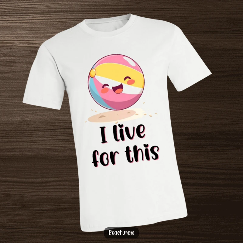 Funny beach ball t-shirt featuring a dynamic, cartoon beach ball joyfully bouncing on a sandy beach, capturing playful energy.