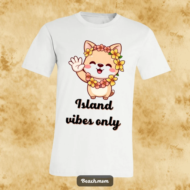 Funny animal wearing a festive flower lei, enthusiastically waving hello, embodying tropical friendliness, great for a t-shirt.