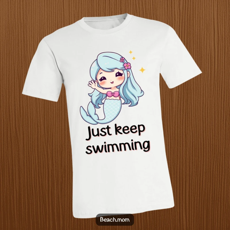 Funny Kawaii mermaid t-shirt, cute cartoon character with a shimmering tail, cheerfully waving hello to everyone.