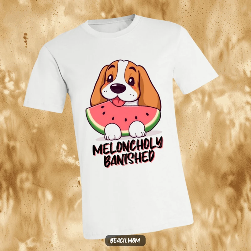 Funny Basset Hound t-shirt featuring a dog looking incredibly happy while enjoying a big slice of watermelon.