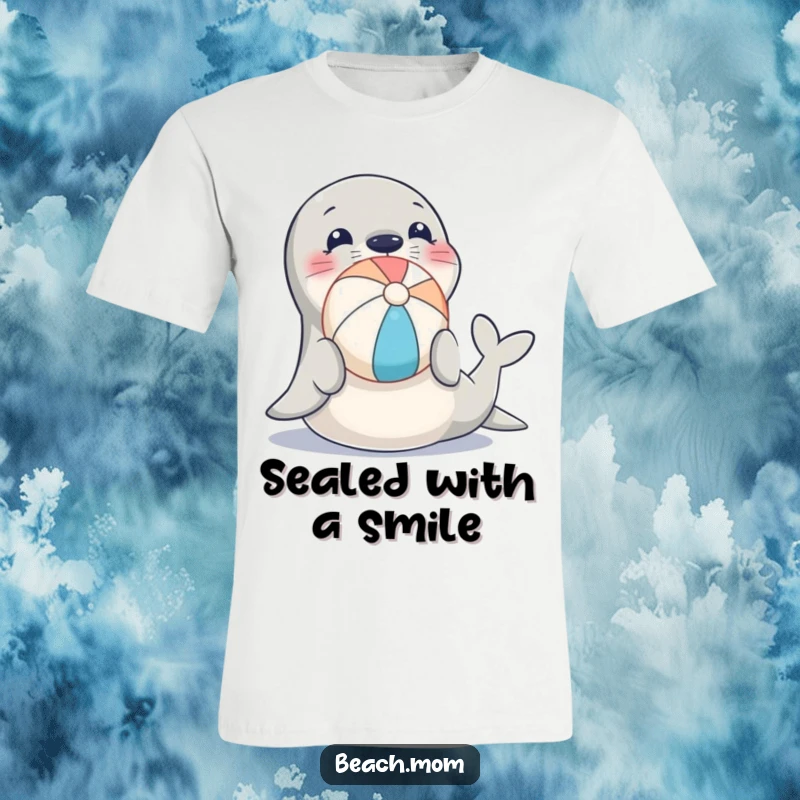 Funny t-shirt showcasing a joyful seal balancing a bright beach ball on its nose, perfect for beach lovers and humor enthusiasts.