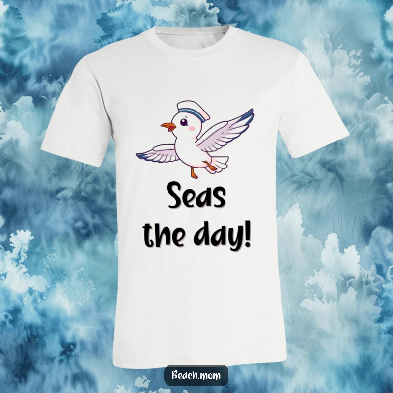Funny t-shirt with a delighted seagull wearing a sailor hat, soaring with pure happiness in the bright blue sky.
