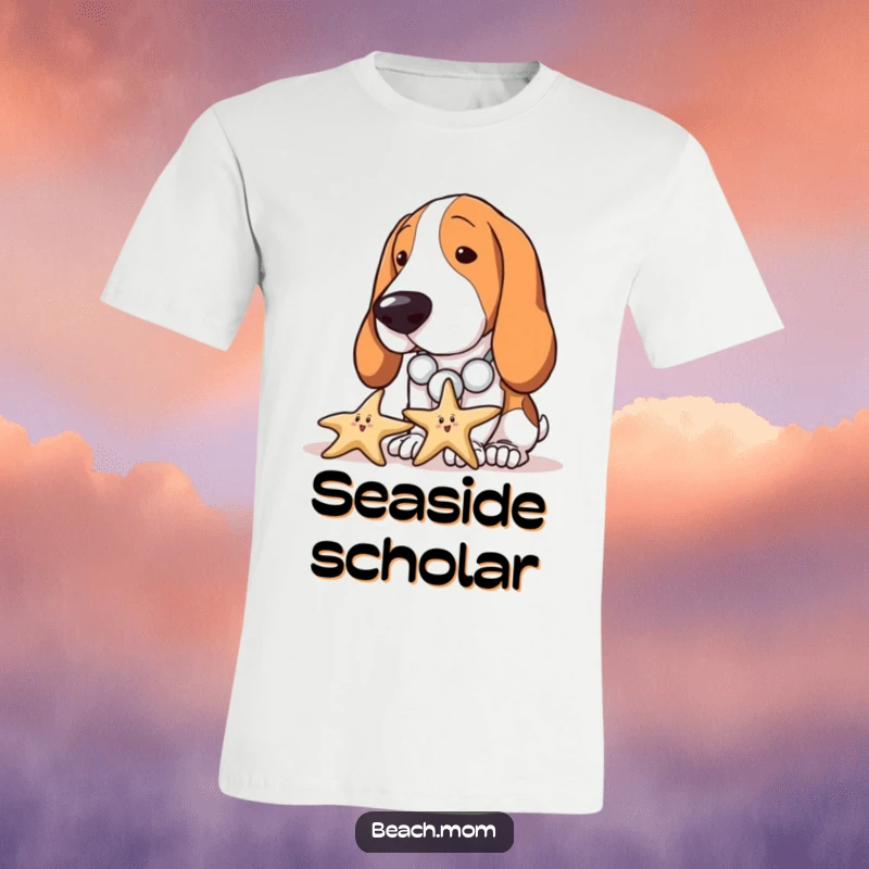 Funny Basset Hound t-shirt featuring a dog with a seashell necklace curiously examining a starfish on the beach.