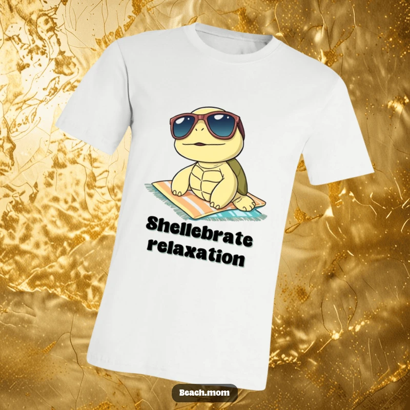 Funny turtle wearing cool sunglasses, sunbathing on a towel, printed on a t-shirt, embodying a relaxed and humorous vibe.