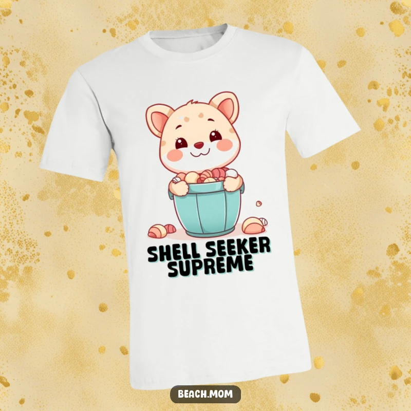Funny t-shirt: A cheerful animal character smiles broadly, holding a bucket brimming with collected seashells, showcasing beach bounty.